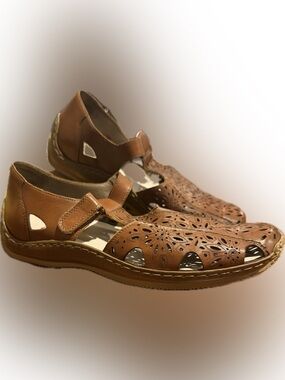Rieker Shoes Womens Anti-Stress Mary Jane Laser Cut Brown Leather Low Flat 10.5